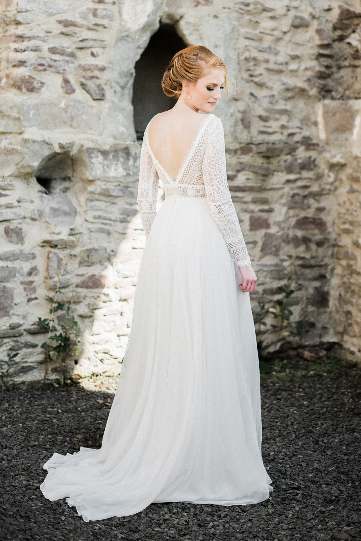 Beautiful boho wedding dress featuring ivory Guipure lace fabric Philine 1