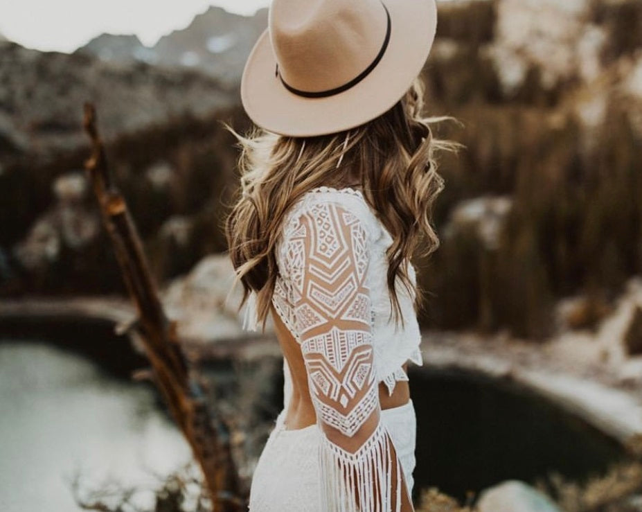 Boho wedding dress using ivory tassle geometric lace Essence 18