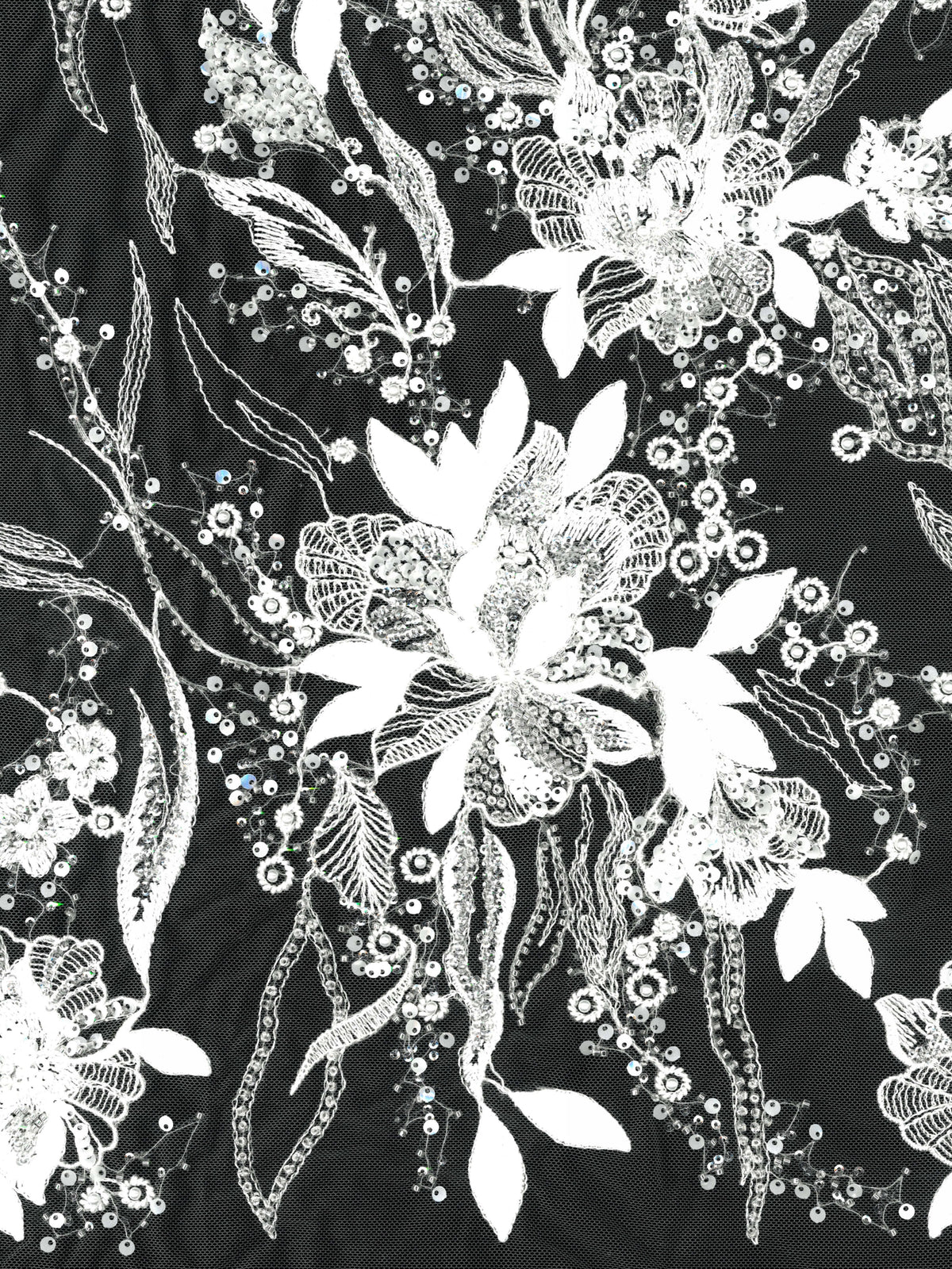 Tulle brodé de perles ivoire/argent - EB1098