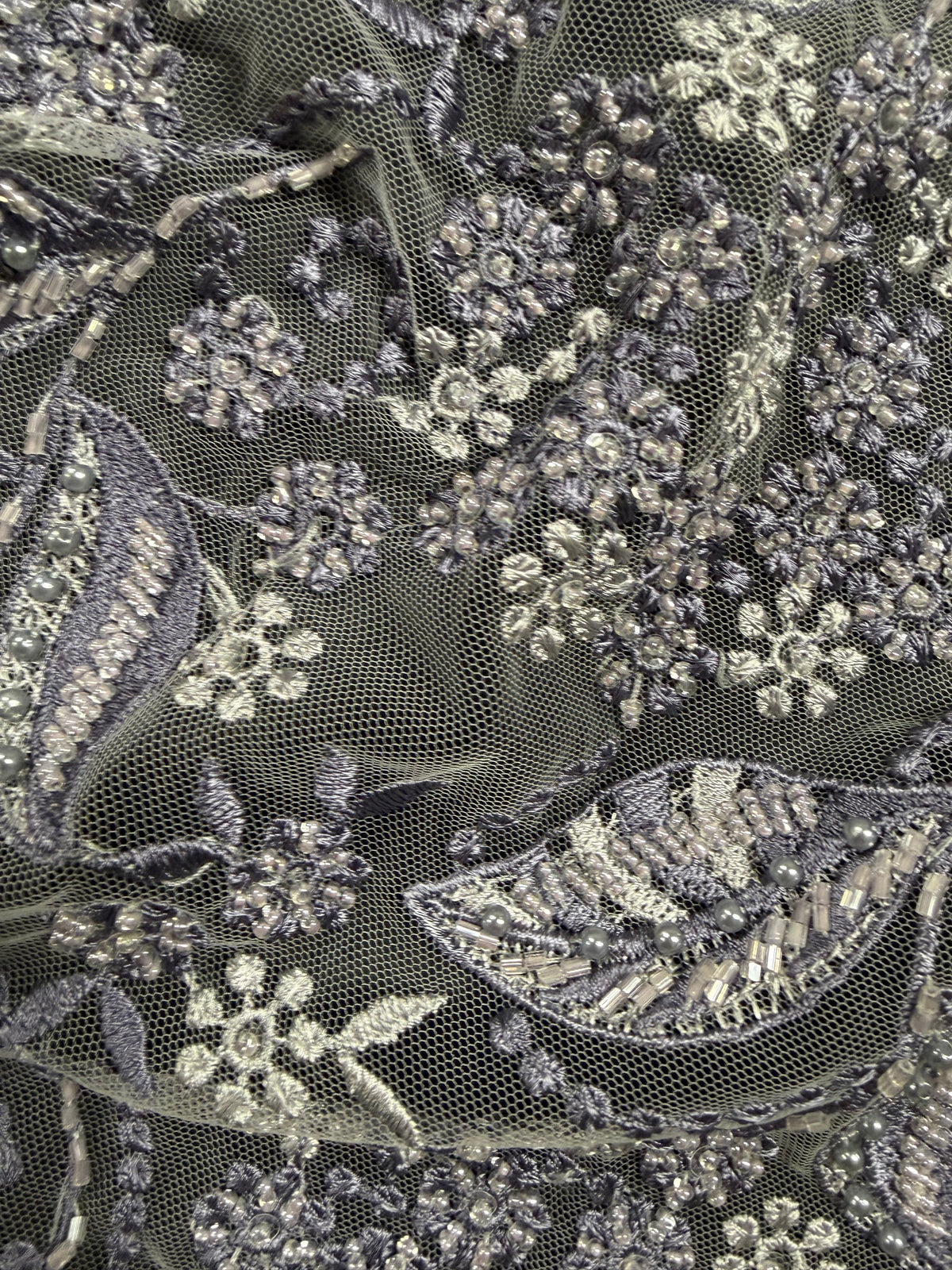 Tulle brodé gris/indigo - EB1013