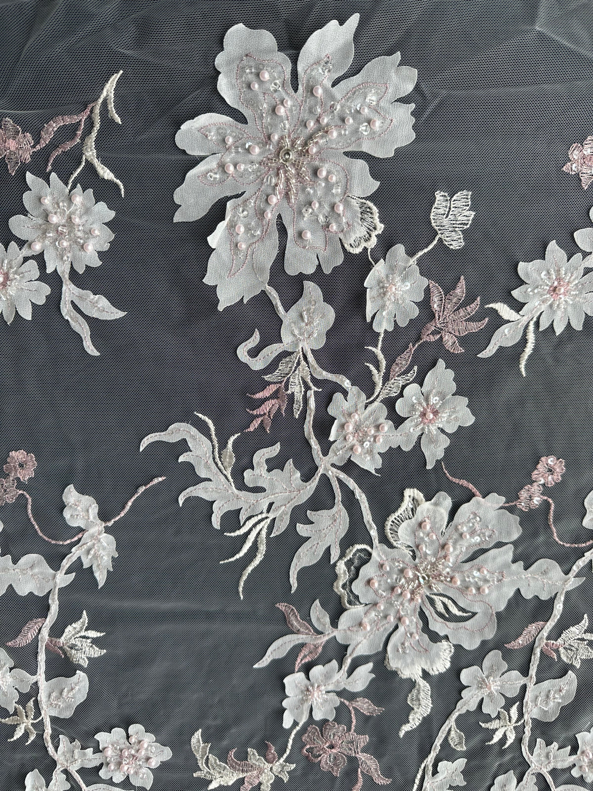 Dentelle brodée rose et ivoire - EB1015