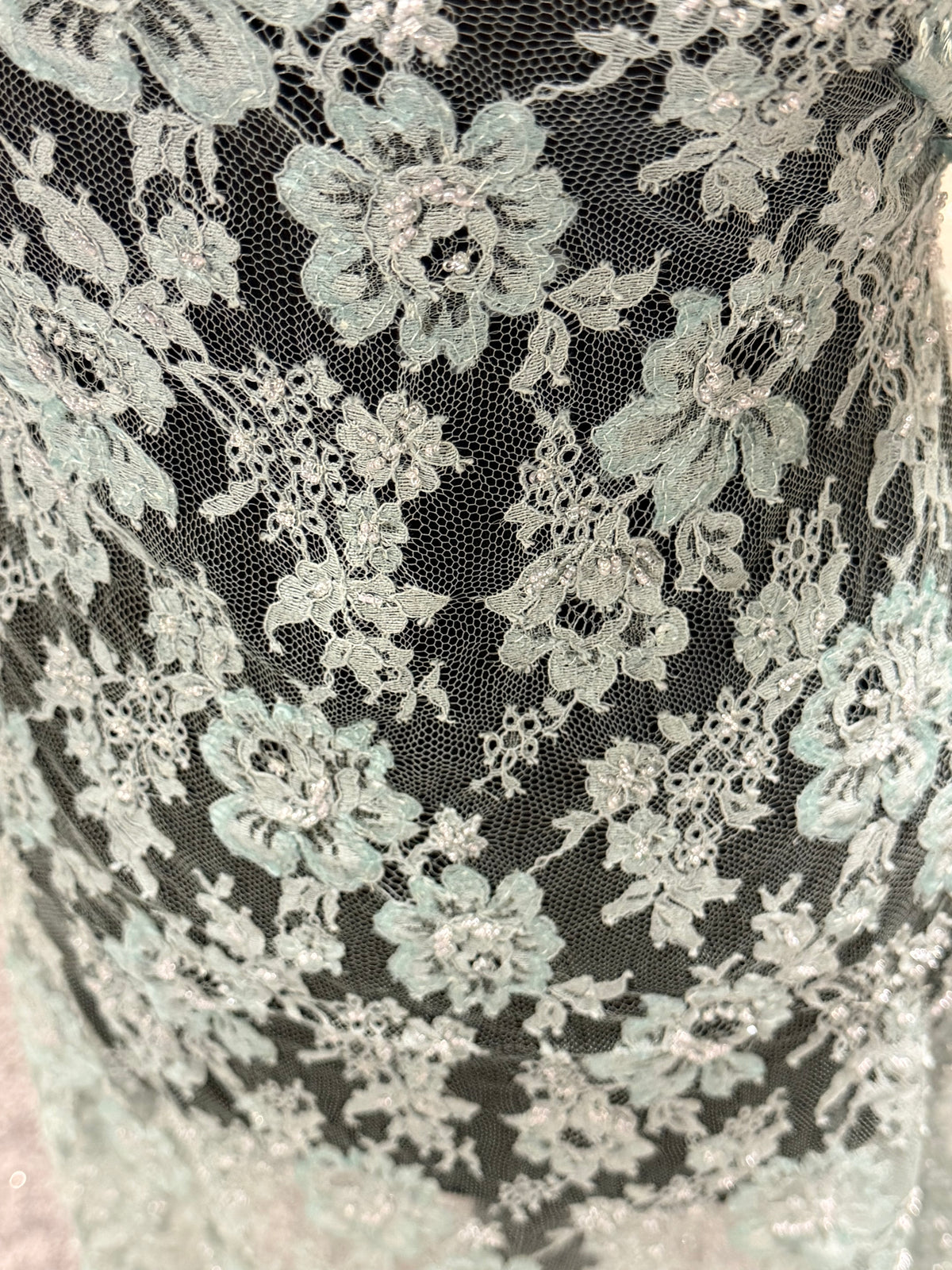 Dentelle de Chantilly perlée bleu œuf de cane - P360