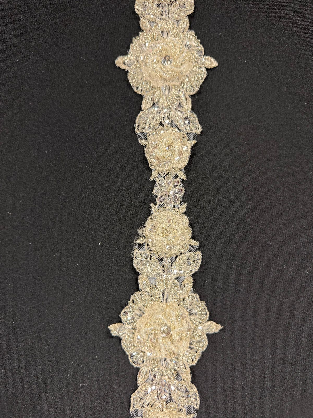 Bordure à paillettes et perles 3D Ivoire/Argent - T436
