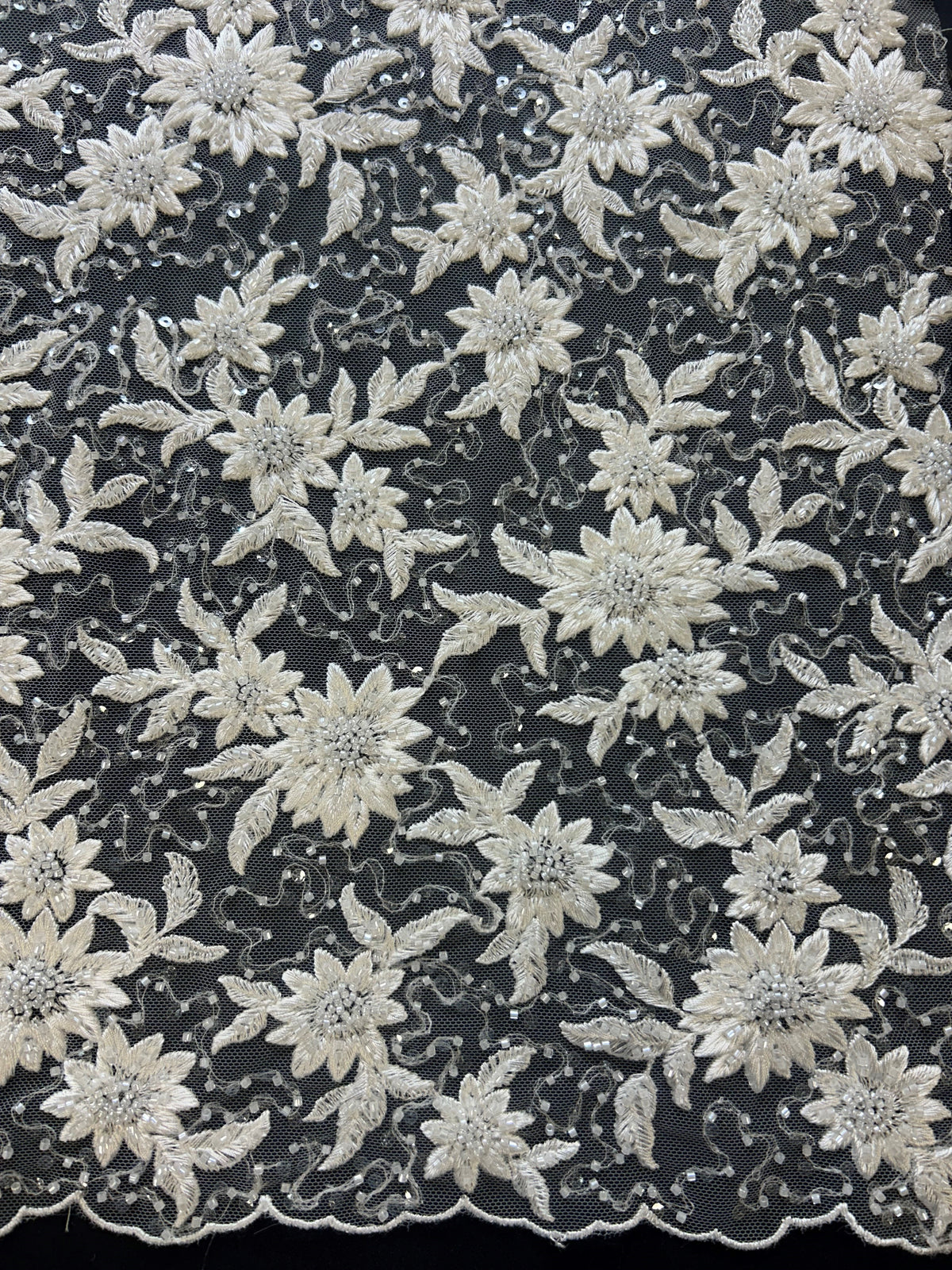 Dentelle florale perlée ivoire - Irke