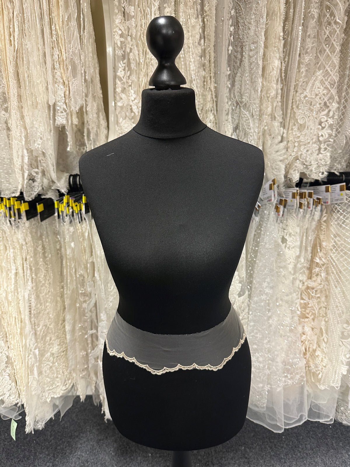 Ivoire avec bordure en dentelle brodée champagne clair - T202