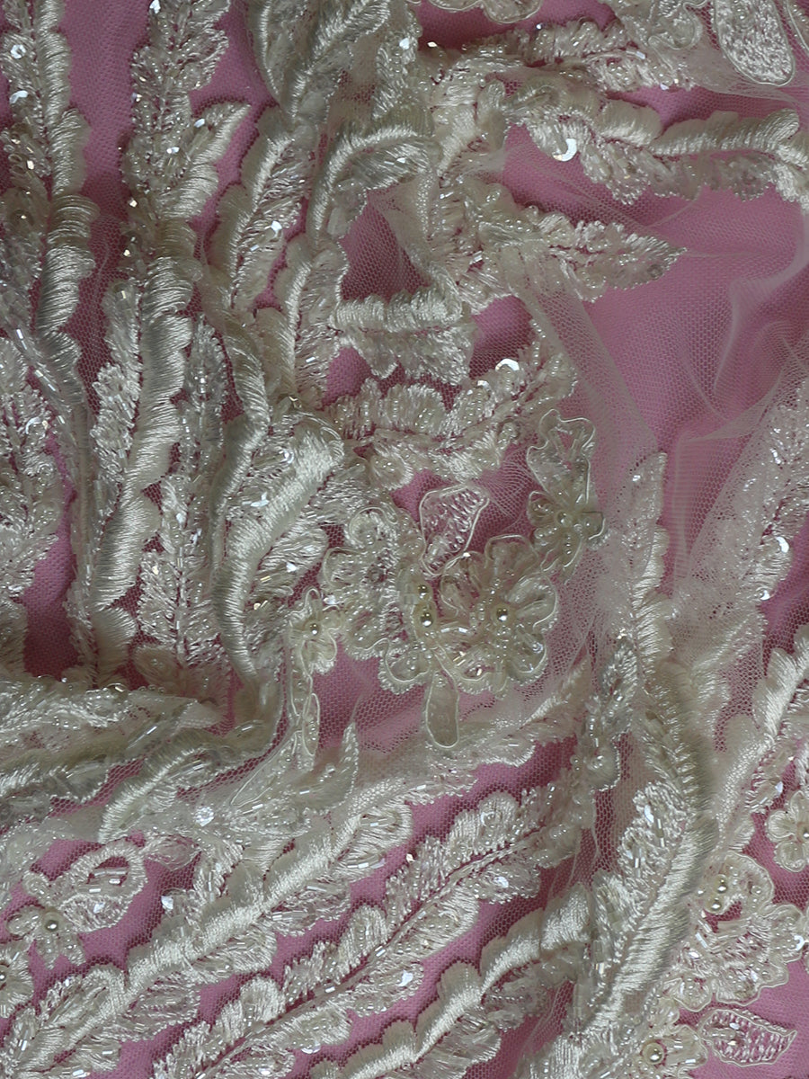 Dentelle Brodée Perlée Ivoire - Fleur