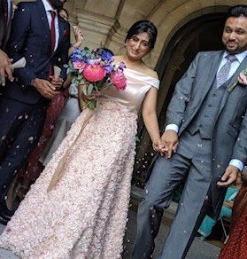 Blush Pink flower lace wedding dress using Mackenna lace 1