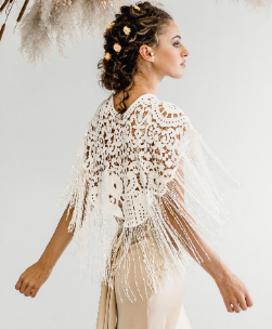 Boho style wedding cape featuring Georgette based lace fabric Coco trimmed with ivory lace Brinley 8
