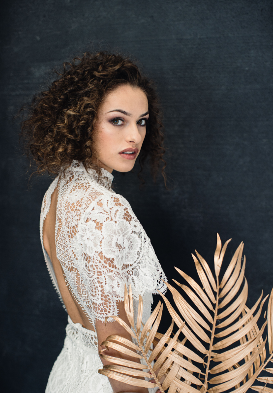 Modern contemporary wedding dress featuring ivory Guipure lace Philine and ivory corded Raschel lace Maggie 4