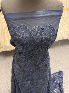 Tulle brodé de perles 3D bleu marine - EB1021