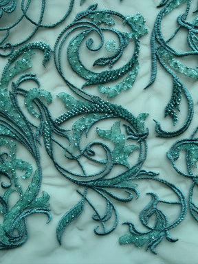 Tulle brodé perlé vert jade clair - EB1091