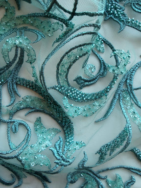Tulle brodé perlé vert jade clair - EB1091