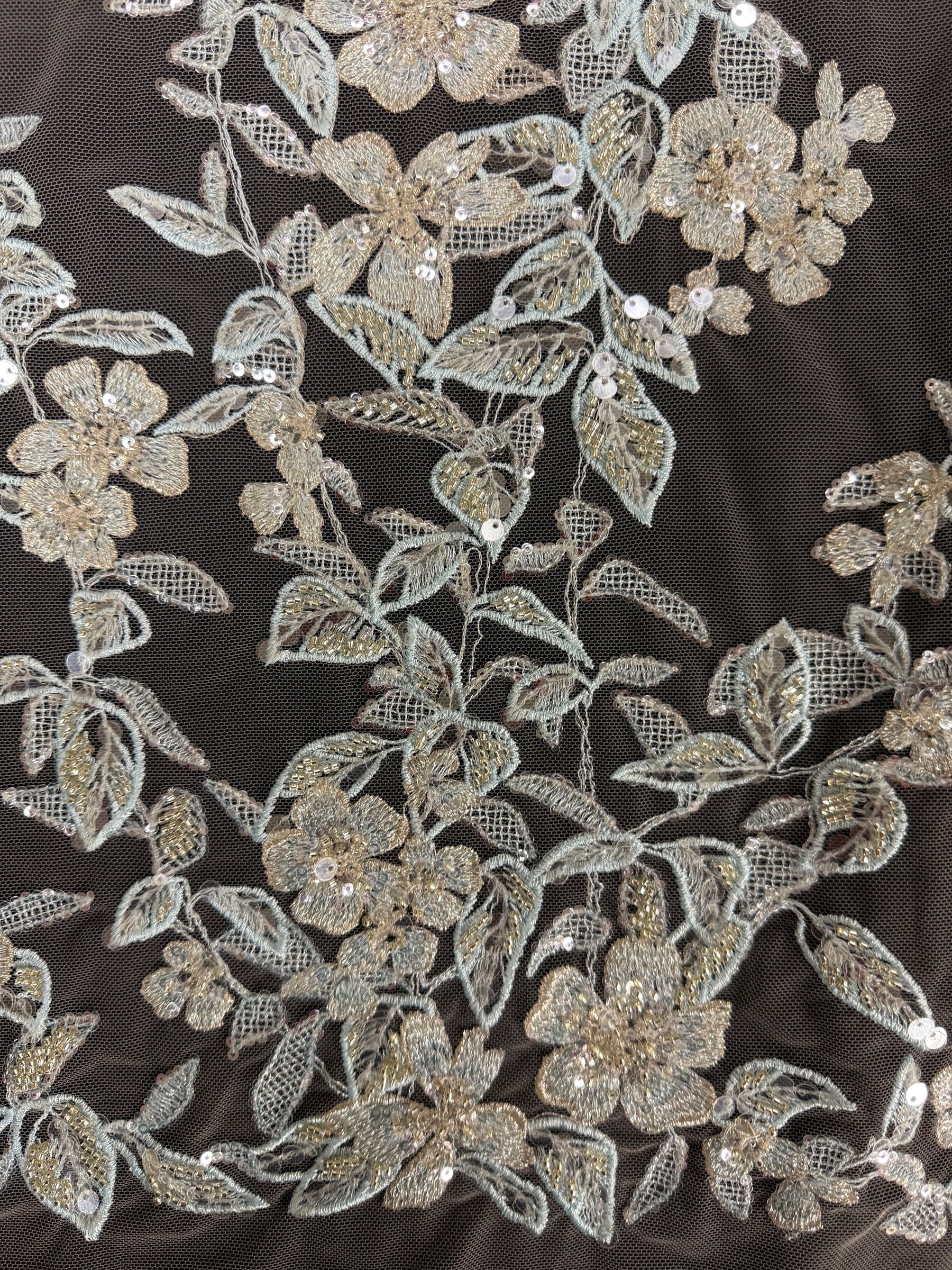 Tulle brodé de perles gris/bleu - EB1085
