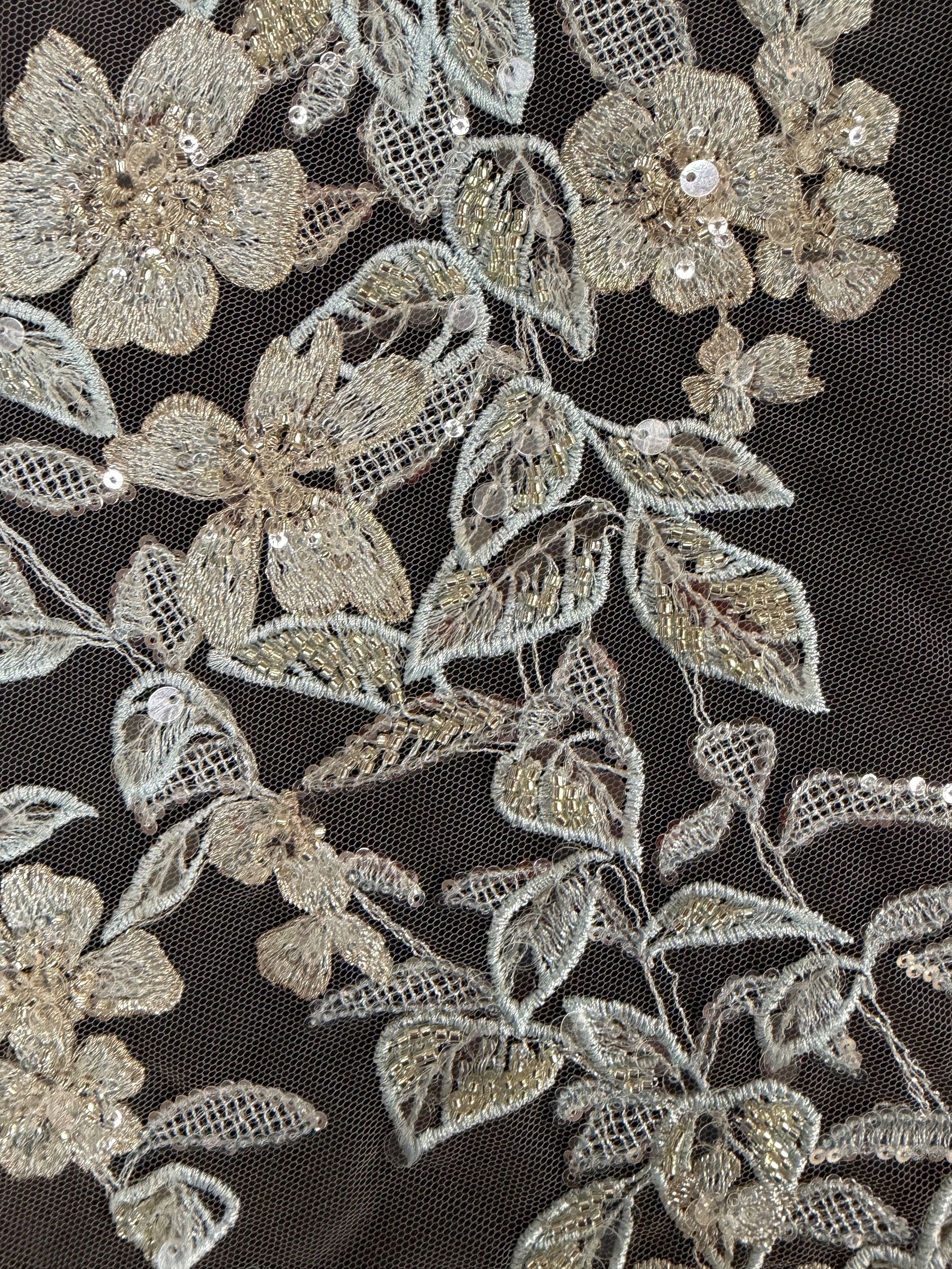Tulle brodé de perles gris/bleu - EB1085