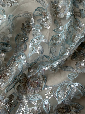 Tulle brodé de perles gris/bleu - EB1085