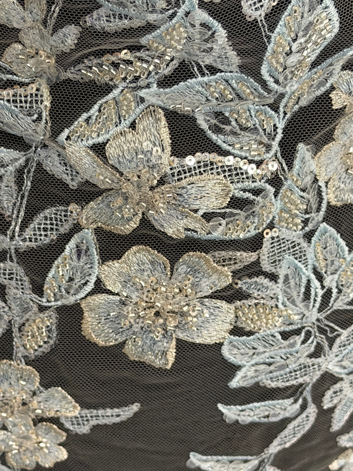 Tulle brodé de perles gris/bleu - EB1085