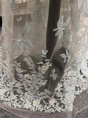 Tulle brodé de perles gris/bleu - EB1085