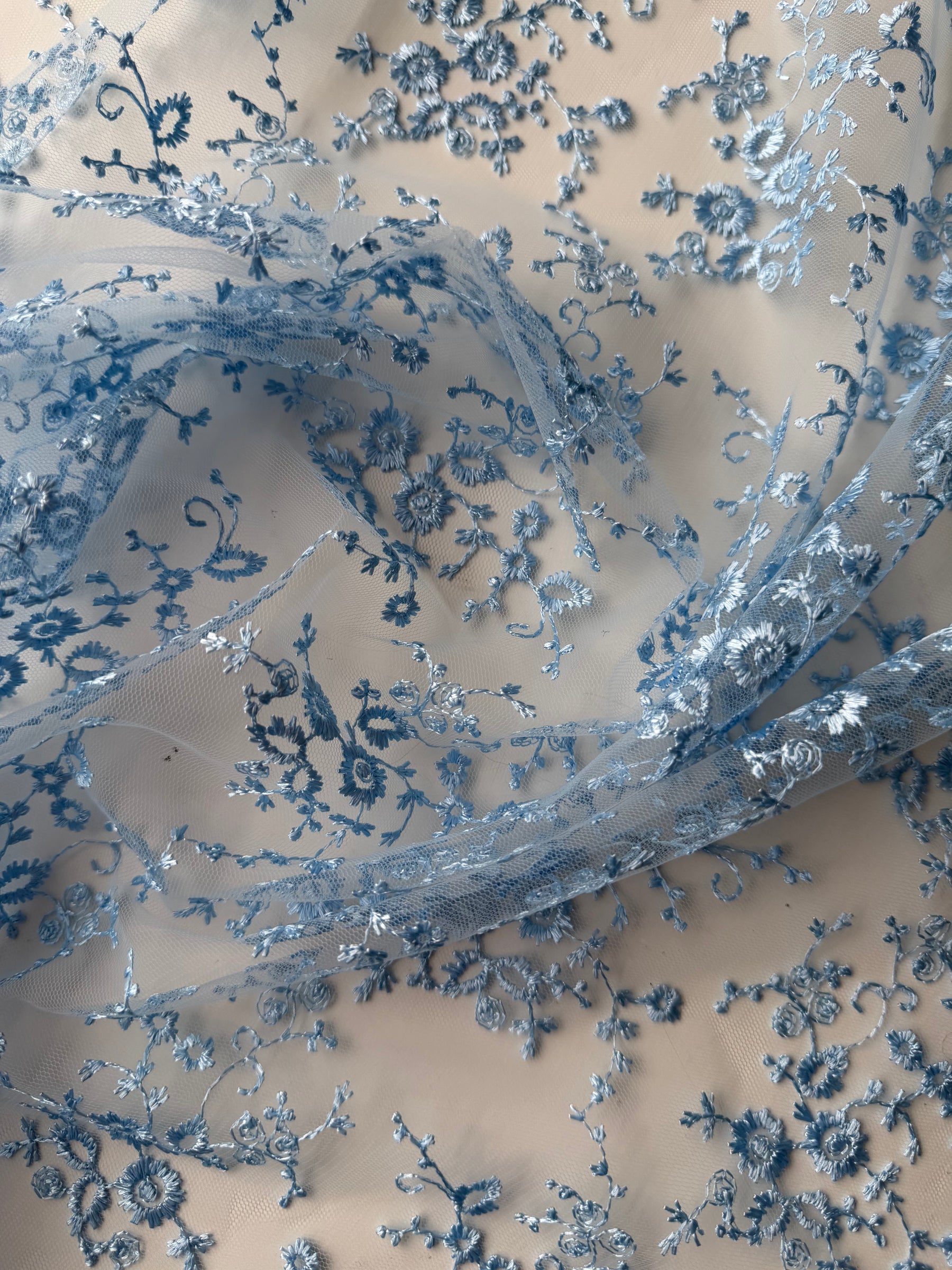 Dentelle brodée bleu ciel - P615