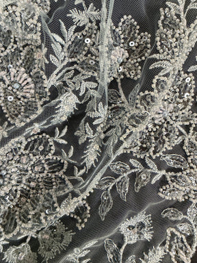 Tulle brodé de perles gris-bleu - EB1041