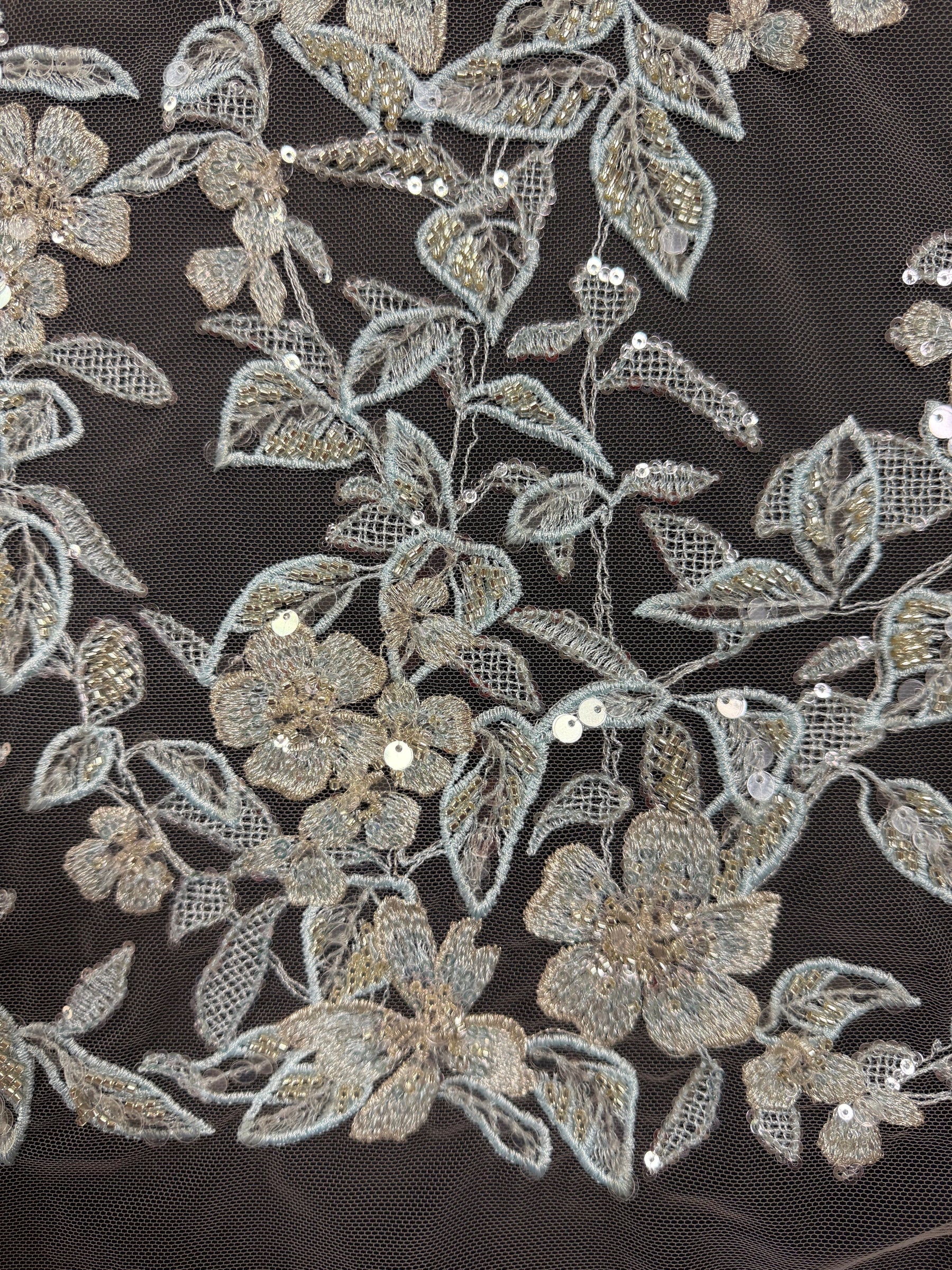 Tulle brodé de perles gris/bleu - EB1085