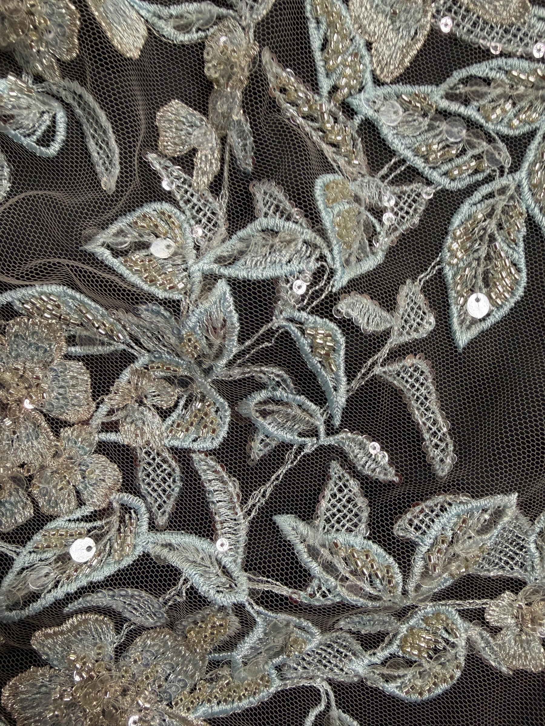 Tulle brodé de perles gris/bleu - EB1085