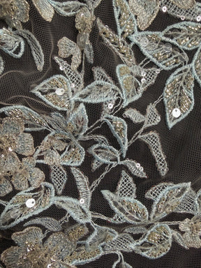 Tulle brodé de perles gris/bleu - EB1085