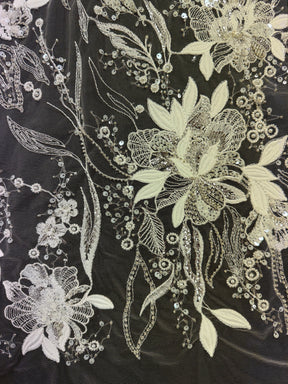 Tulle brodé perlé ivoire/argent - EB1098
