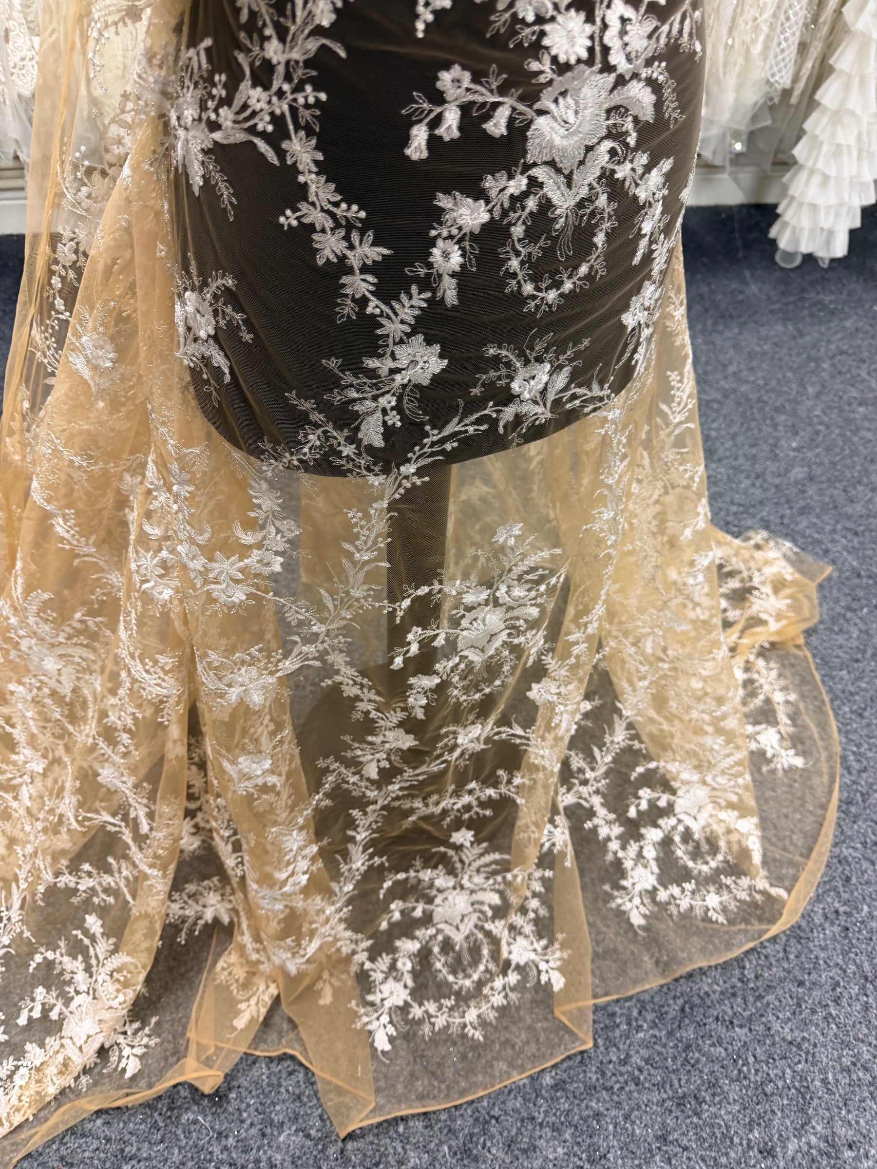 Dentelle brodée ivoire sur fond nude - EB3027