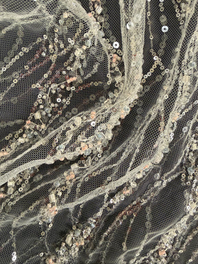 Tulle brodé de perles ivoire/rose - EB1049