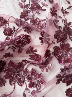 Tulle brodé de perles haricot rouge - EB1090
