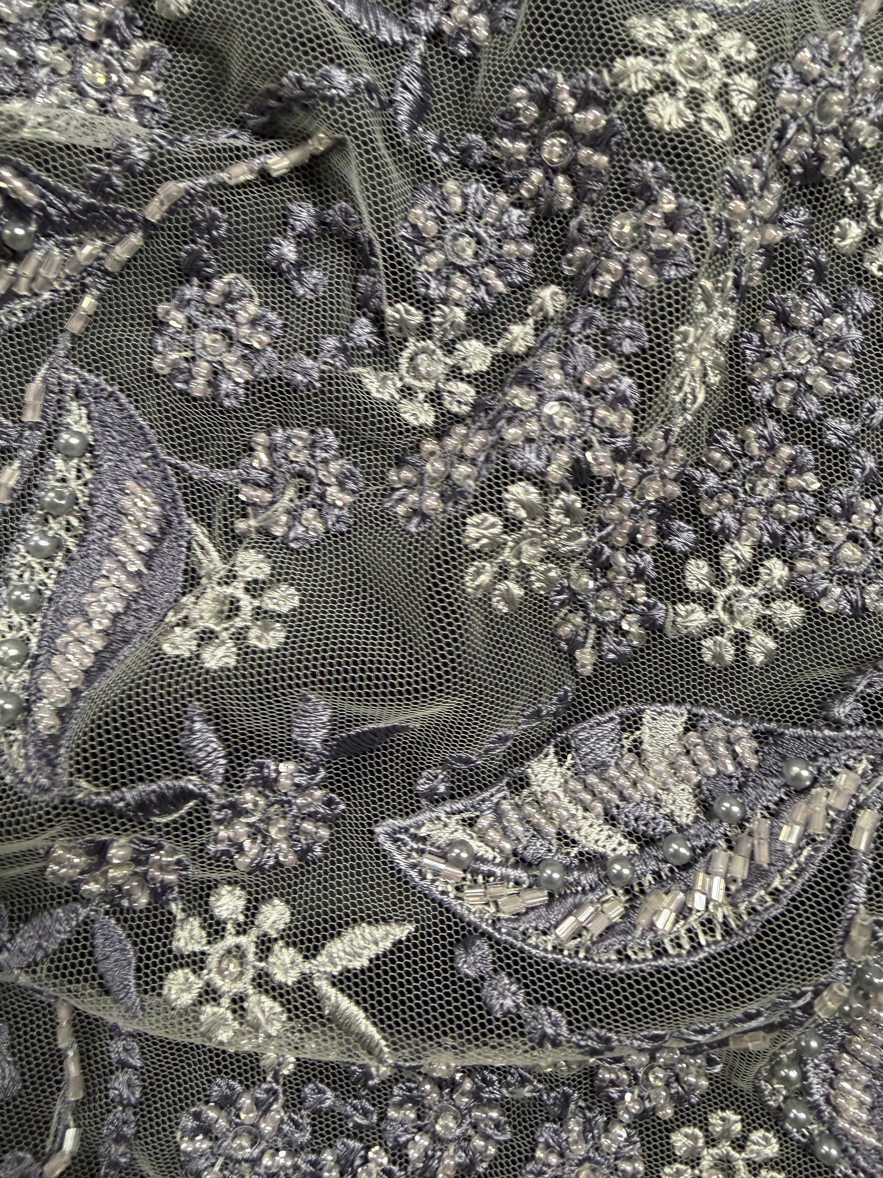 Tulle brodé gris/indigo - EB1013