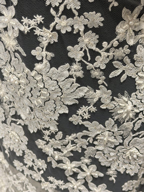 Tulle brodé perlé ivoire/argent - EB1077