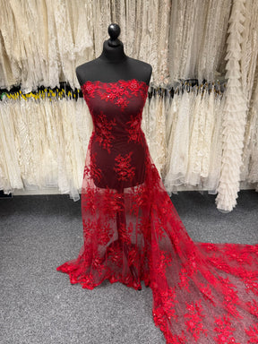 Tulle rouge brodé de perles - EB1007