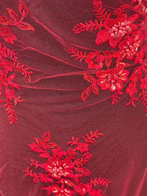 Tulle rouge brodé de perles - EB1007