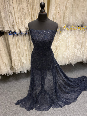 Tulle brodé de perles bleu marine - EB1050