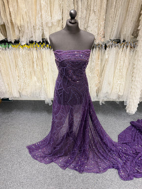 Tulle brodé de perles prune - EB1056
