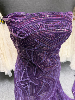 Tulle brodé de perles prune - EB1056