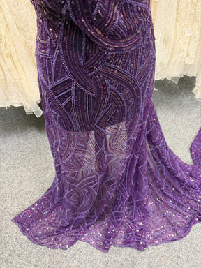 Tulle brodé de perles prune - EB1056