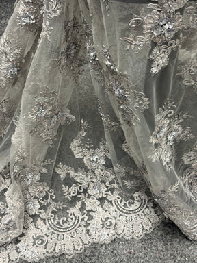 Tulle gris foncé brodé de perles en 3D - EB1030