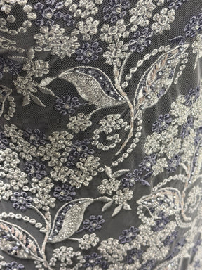 Tulle brodé gris/indigo - EB1013
