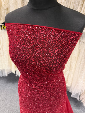 Tulle brodé de perles couleur vin - EB1012