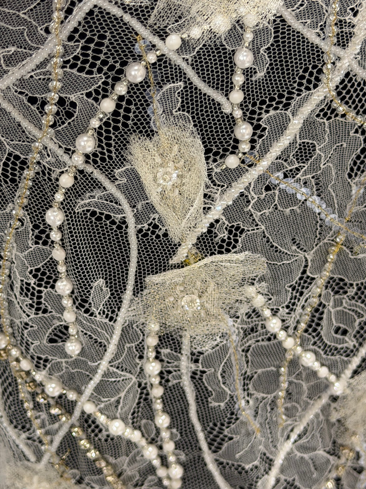 Dentelle de Chantilly perlée ivoire - P309