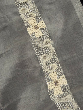 Bordure perlée en cristal 3D Cristal/Ivoire/Argent - T515