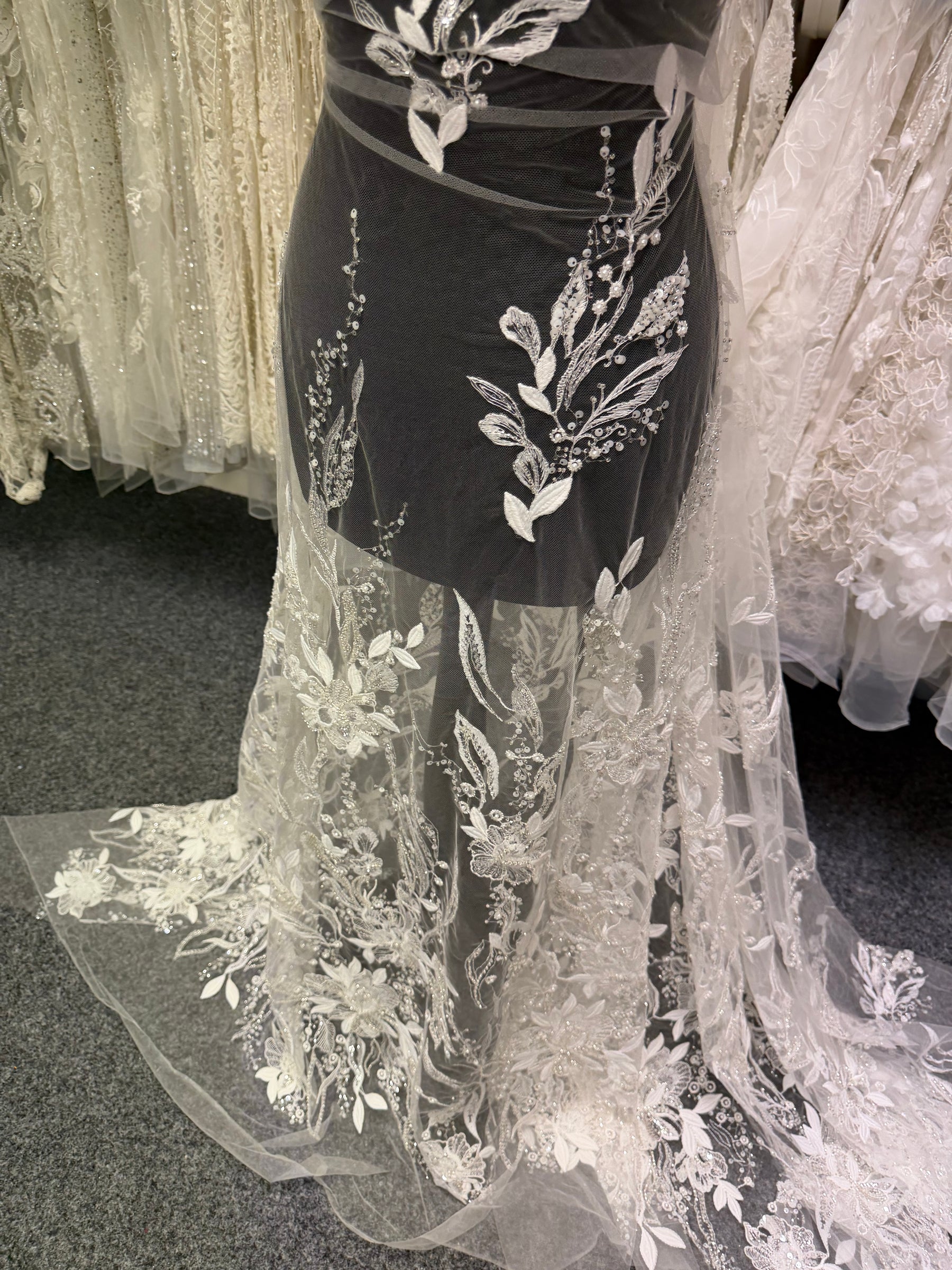 Tulle brodé perlé ivoire/argent - EB1098