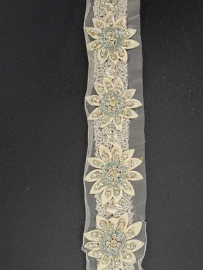 Bordure perlée en cristal 3D Ivoire/Argent - T519