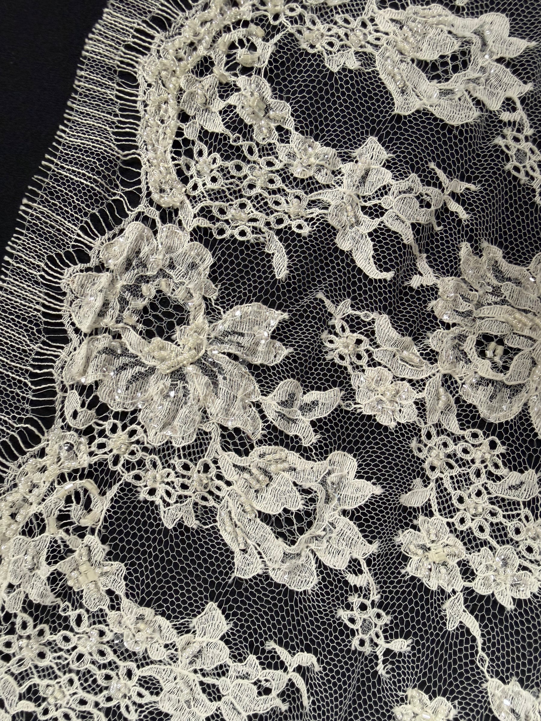 Bordure en dentelle de Chantilly française perlée et à paillettes, couleur ivoire - T268