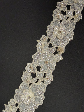 Bordure en guipure à sequins et perles cristal argent/cristal - T430