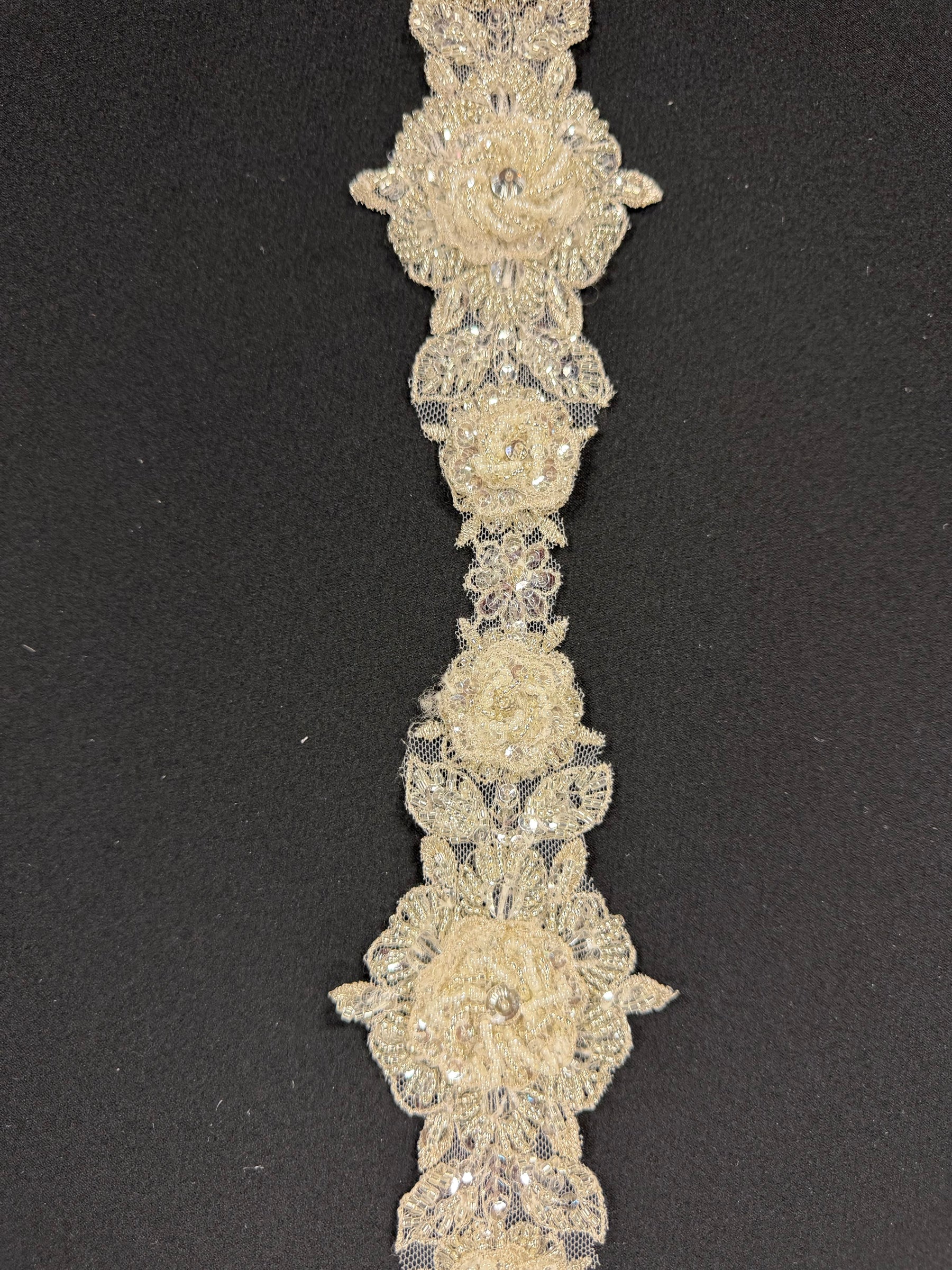 Bordure à paillettes et perles 3D Ivoire/Argent - T436