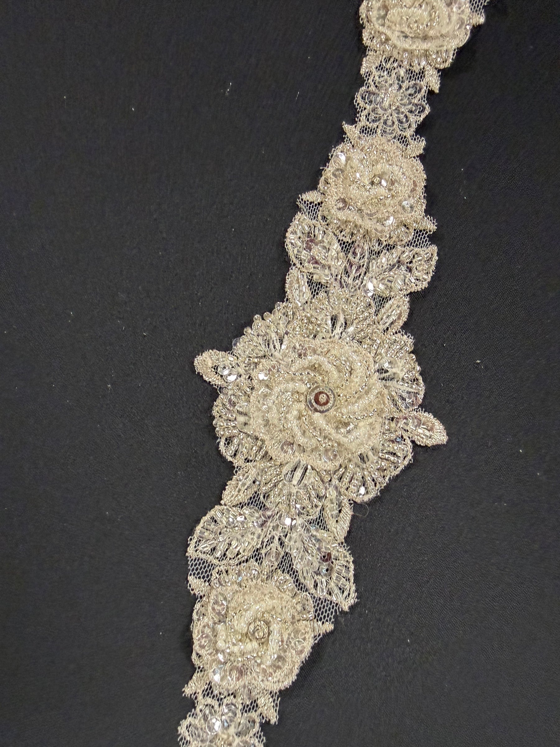 Bordure à paillettes et perles 3D Ivoire/Argent - T436