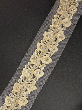 Bordure perlée en cristal 3D Ivoire/Argent - T518